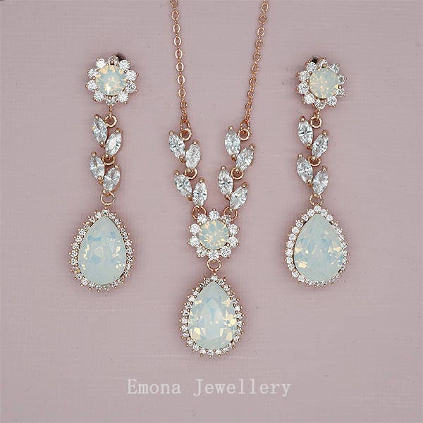 Wedding Jewelry Set Backdrop Necklace Wedding Opal Bridal Earrings Rose Gold Bridal Jewelry Swarovski White Opal Rhinestone Jewelry