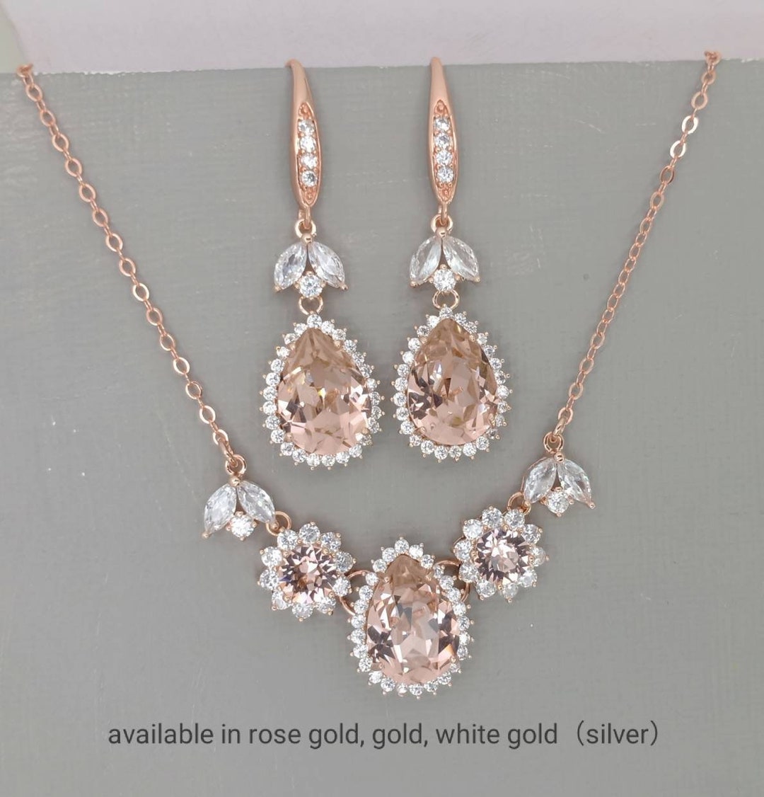 Blush Bridal Jewelry Set, Blush Necklace Earrings Set, Backdrop