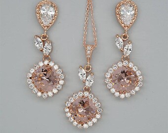 Blush Bridesmaid Jewelry Set Blush PInk Wedding Necklace and Earrings Sets Peach Crystal Earrings Champagne Bridal Necklace Rose Gold