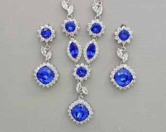 Bridal Jewelry Sets, Sapphire Necklace and Earrings Set, Blue Wedding Jewelry Set, Backdrop Necklace Stud Earrings in Silver and Royal Blue