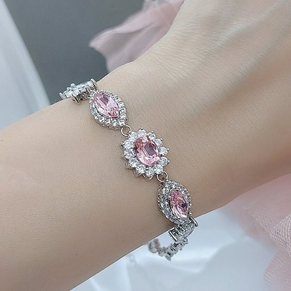 Swarovski Light Rose Bracelet, CZ Silver Bridal Bracelet, Baby Pink Oval Marquise Halo Bracelet, Blush Rhinestone Wedding Jewelry for Brides