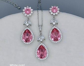 Bridesmaid Jewelry Set, Hot Pink Bridal Jewelry Sets, Rose Gold