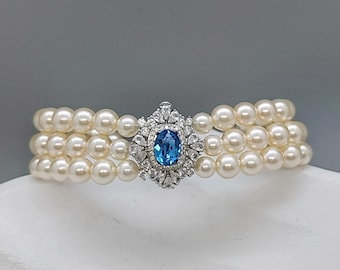 Azure Blue Ivory Pearl Statement Bracelet for Bride, Multi Strand Pearl Gold Bridal Bracelet, Ocean Blue Vintage Style Wedding Jewelry