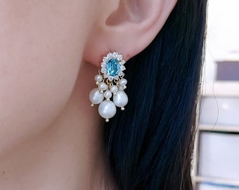 Swarovski Aquamarine and Natural Pearl Chandelier Earrings, Gold Freshwater Pearl Bridal Earrings, Sky Blue Wedding Jewelry, Something Blue