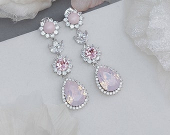 Light Pink Bridal Drop Earrings,Pink Opal earrings, Silver Rose Gold Long Chandelier Earrings Swarovski Crystal Wedding Jewelry for Brides