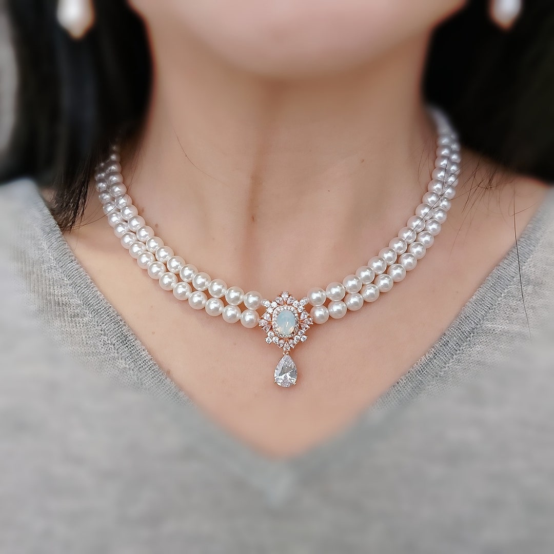 2 Strand Pearl Choker Rose Gold Pearl Necklace With Pendant