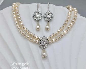 Romantic Ivory Pearl Bridal Jewelry Set Vintage Style Multi Row Pearl Necklace Tear Drop Earrings Set for Bride Silver CZ Wedding Jewelry
