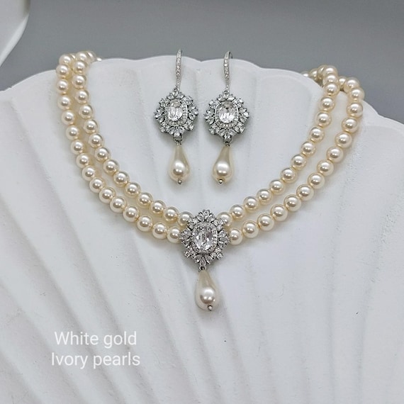 Romantic Ivory Pearl Bridal Jewelry Set Vintage Style Multi Row Pearl Necklace Tear Drop Earrings Set for Bride Silver CZ Wedding Jewelry
