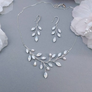 White Opal Bridal Jewelry Set Leaf Earrings Necklace Wedding Jewelry set for Brides in Rose Gold Yellow Gold and Silver