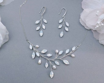 White Opal Bridal Jewelry Set Leaf Earrings Necklace Wedding Jewelry set for Brides in Rose Gold Yellow Gold and Silver