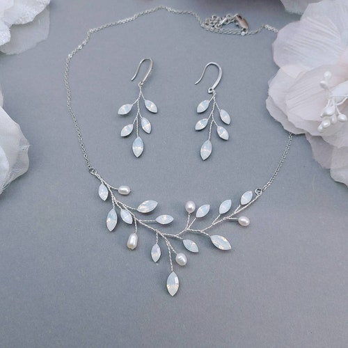 Backdrop Bridal Necklace Opal Wedding Jewelry Set Crystal Etsy