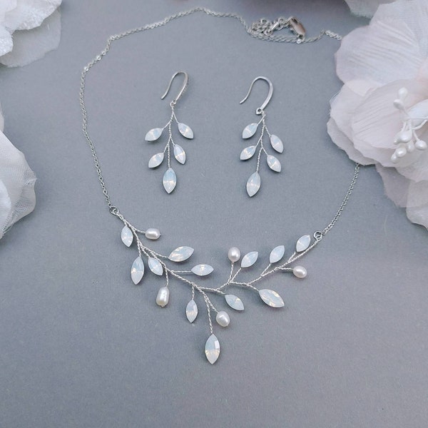 White Opal Bridal Jewelry Set Leaf Earrings Necklace Wedding Jewelry set for Brides in Rose Gold Yellow Gold and Silver