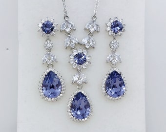 Swarovski tanzaniet bruidssieradenset, zirkonia, sterlingzilveren stiften