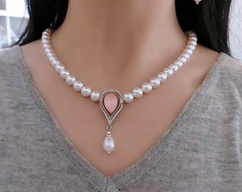 Light Pink Crystal White Pearl Beaded Necklace, Vintage Style Art Nouveau Bridal choker, Light Flamingo Silver Wedding Necklace with pendant