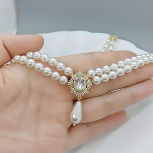 Gargantilla romántica de dos hileras de perlas blancas, collar nupcial de múltiples hilos, joyería victoriana con circonita cúbica para novia.