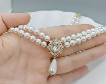 Romantic Two Row Pearl Chocker Necklace, Multi Strand White Pearl  Bridal Necklace, CZ Victorian Statement Wedding Jewelry for Bride