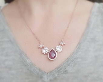 Back Drop Necklace, Red Wine Wedding Necklace, Burgundy Backdrop Necklace, Swarovski Dark Red Wedding Jewelry for Brides, Rose Gold Necklace