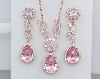 Pink Bridal Jewelry Set, Rose Gold Earrings and Necklace Set, Swarovski Pink Opal Crystal Tear Drop Earrings Set, Pink Prom Jewelry Set
