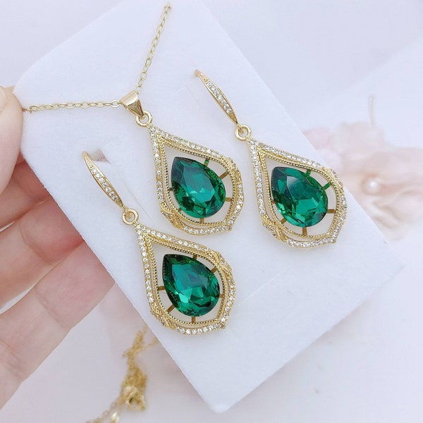 Emerald Drop Earrings Pendant Necklace Set Emerald Crystal Wedding Jewelry Set Emerald Green Teardrop Dangle Earrings Necklace Set