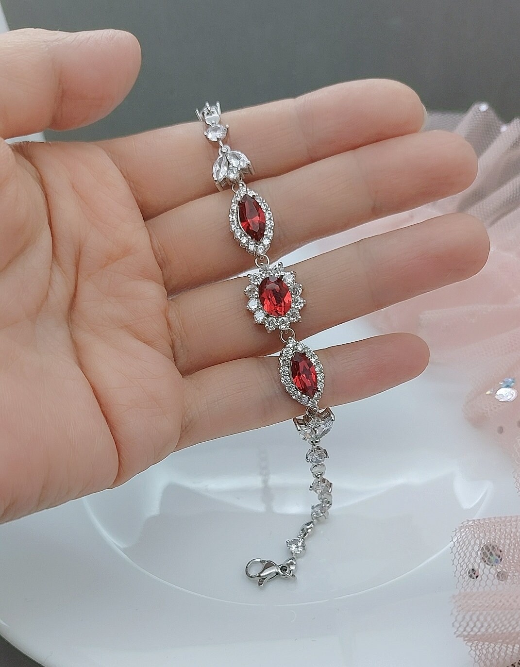 Swarovski Ruby Red Bracelet, Dark Red Crystal Bridal