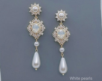 Opal Crystal Pearl Drop Earrings – Gold Art Deco Bridal Jewelry