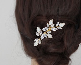 White Opal Hair Piece, Bridal Hair Comb, Wedding Hair Accessories, Swarovski Crystal Headpiece in Rose Gold, Yellow Gold and Silver