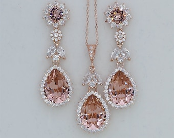 Blush Jewelry set, Blush Wedding Necklace and EArrings Set, Blush Pink Swarovski Crystal Jewelry Set, Bridal Earrings Bridal Necklace set