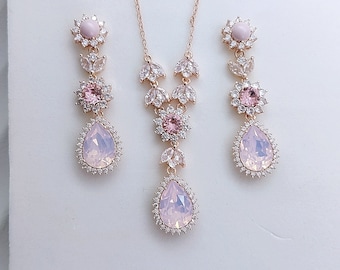 Swarovski Pink Opal Jewelry Set, Light Pink Bridal Earrings and Necklace Set, Gold Statement Necklace Earrings Set, Rose Pink Pearl jewelry