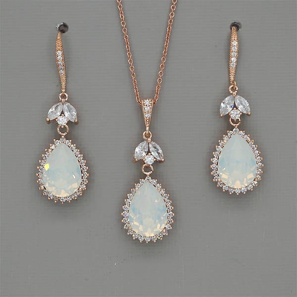 White Opal Earrings Opal Bridal Jewelry Rose Gold Earrings for Wedding Crystal Drop Earrings Swarovski Crystal Jewelry Silver Rose Gold