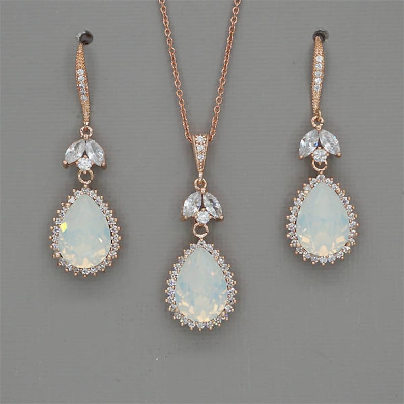 White Opal Bridal Jewelry Set Rose Gold Necklace and Earrings Etsy