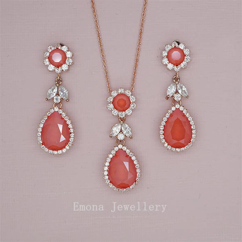 Coral Jewelry Set Coral Wedding Jewelry Set Red Crystal Etsy