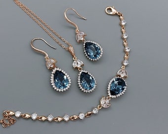 Navy Blue Bridal Jewelry Set Swarovski Denim Blue Tear Drop Wedding Necklace and Earrings Set Silver Bridesmaid Jewelry Set