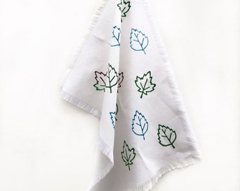100% pure linen Block Printed Autumn Leaves Tea Towel - handprint - kitchen linen | Christmas Gift