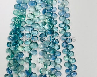 May include: A strand of blue and green gemstone beads. The beads are oval shaped and have a smooth, polished finish. The beads are strung on a clear thread.