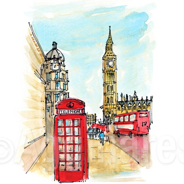 London UK Britain England / Europe / travel fine art print from an original watercolor painting / Handmade souvenir / Travel gift