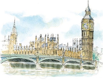 ロンドンのオリジナル水彩画、イギリスの手作り絵画、雨の