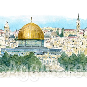 Jerusalem Israel / Middle East / travel fine art print from an original watercolor painting / Handmade souvenir / Travel gift