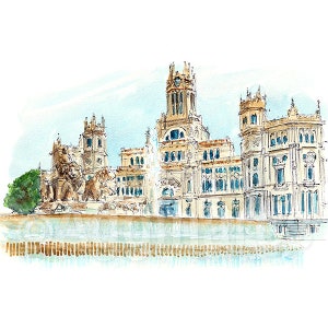 Madrid Spain Plaza de Cibeles / Europe / travel fine art print from an original watercolor painting / Handmade souvenir / Travel gift