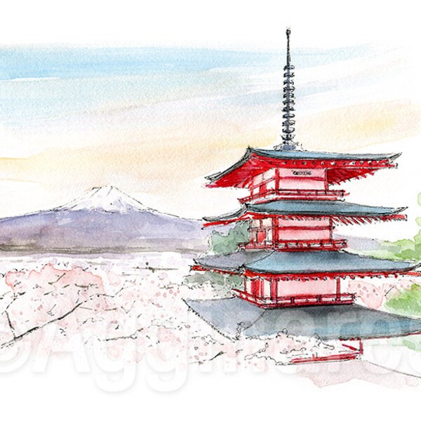 Fuji mountain The Chureito Pagoda Japan / Asia / travel fine art print from original watercolor painting / Handmade souvenir / Travel gift