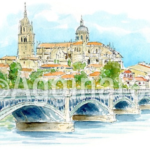 Salamanca Spain / Europe / travel fine art print from an original watercolor painting / Handmade souvenir / Travel gift