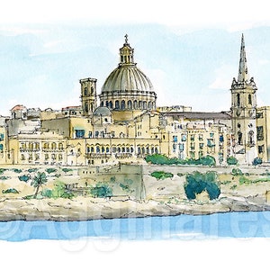 Valletta Malta / Europe / travel fine art print from an original watercolor painting / Handmade souvenir / Travel gift