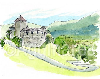 Vaduz Liechtenstein / Europe / travel fine art print from an original watercolor painting / Handmade souvenir / Travel gift