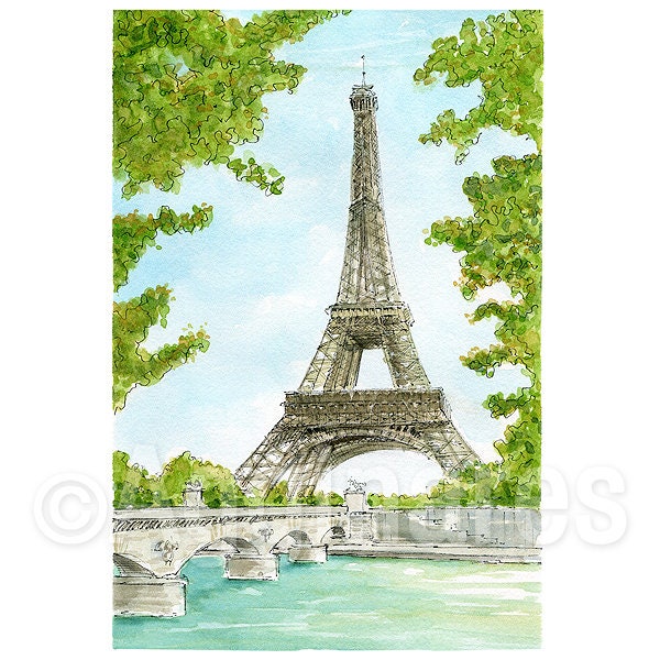 Paris Eiffel Tower France / Europe / travel fine art print from an original watercolor painting / Handmade souvenir / Travel gift