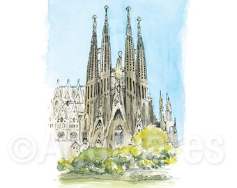 Barcelona Spain / Catalonia / Europe / travel fine art print from an original watercolor painting / Handmade souvenir / Travel gift