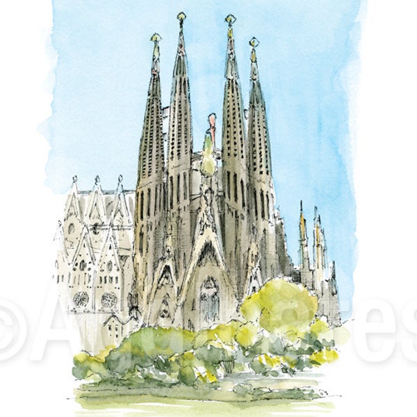 Barcelona Spain / Catalonia / Europe / travel fine art print from an original watercolor painting / Handmade souvenir / Travel gift