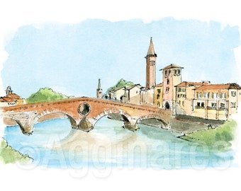 Verona Italië / Europa / reizen fine art print van een origineel aquarel schilderij / Handgemaakt souvenir / Reiscadeau
