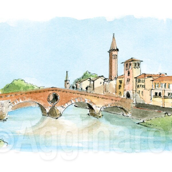 Verona Italië / Europa / reizen fine art print van een origineel aquarel schilderij / Handgemaakt souvenir / Reiscadeau