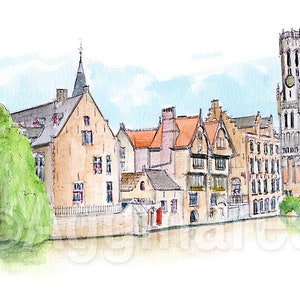 Brugge, België / Europa / reiskunstafdruk van een origineel aquarelschilderij / Handgemaakt souvenir / Reiscadeau