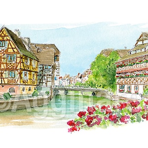 Strasbourg France / Europe / travel fine art print from an original watercolor painting / Handmade souvenir / Travel gift