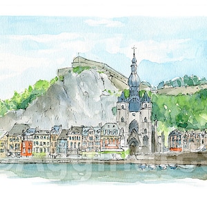 Dinant Belgium / Europe / travel fine art print from an original watercolor painting / Handmade souvenir / Travel gift